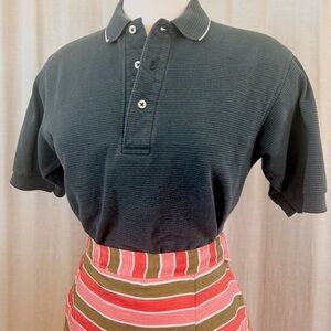 Striped Cotton Half-Placket Polo – Blue and Green Ribbed Short Sleeve Top